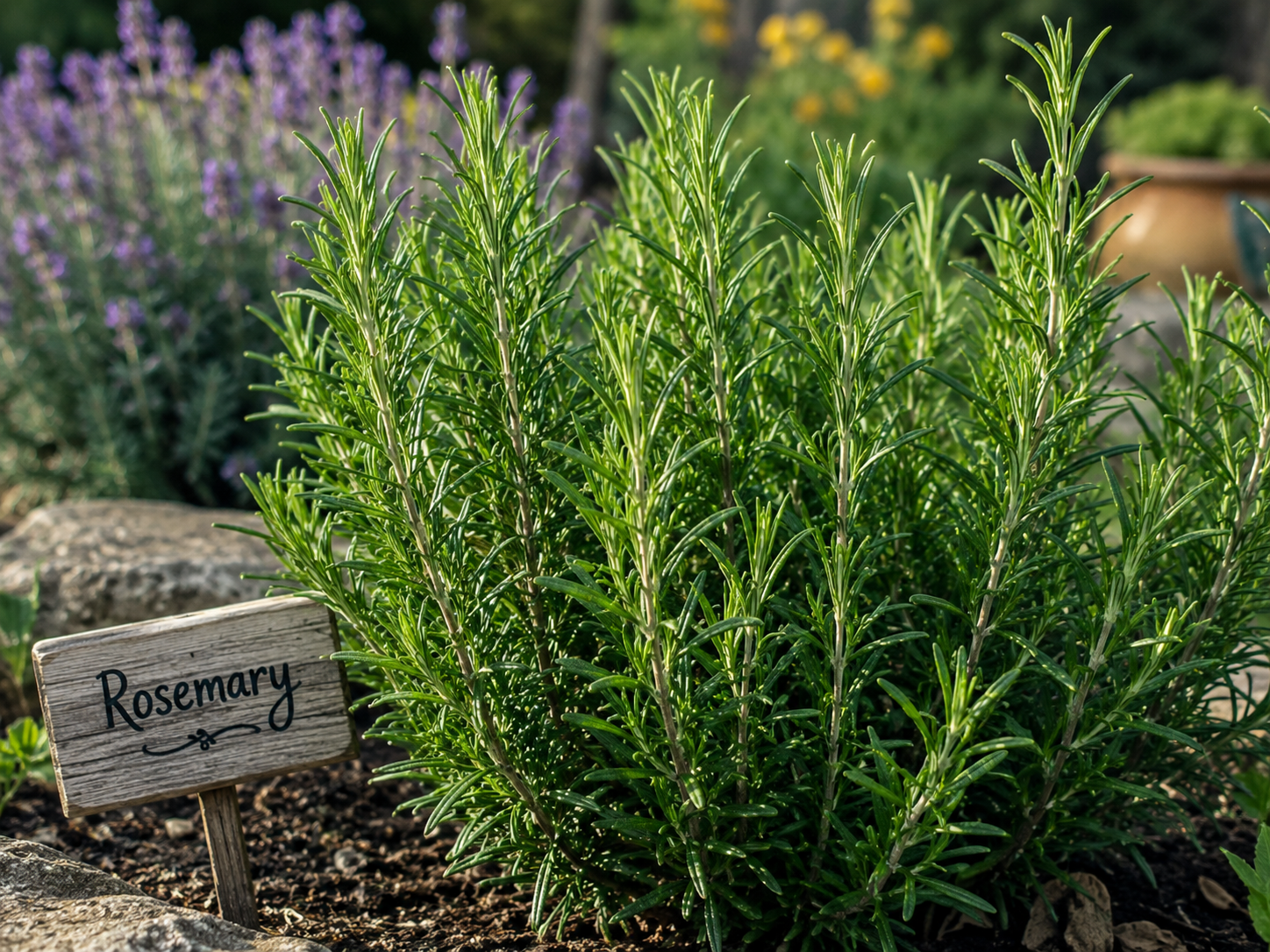 A lush rosemary plant growing in a garden with a small wooden sign labeled 'Rosemary' in front of it.