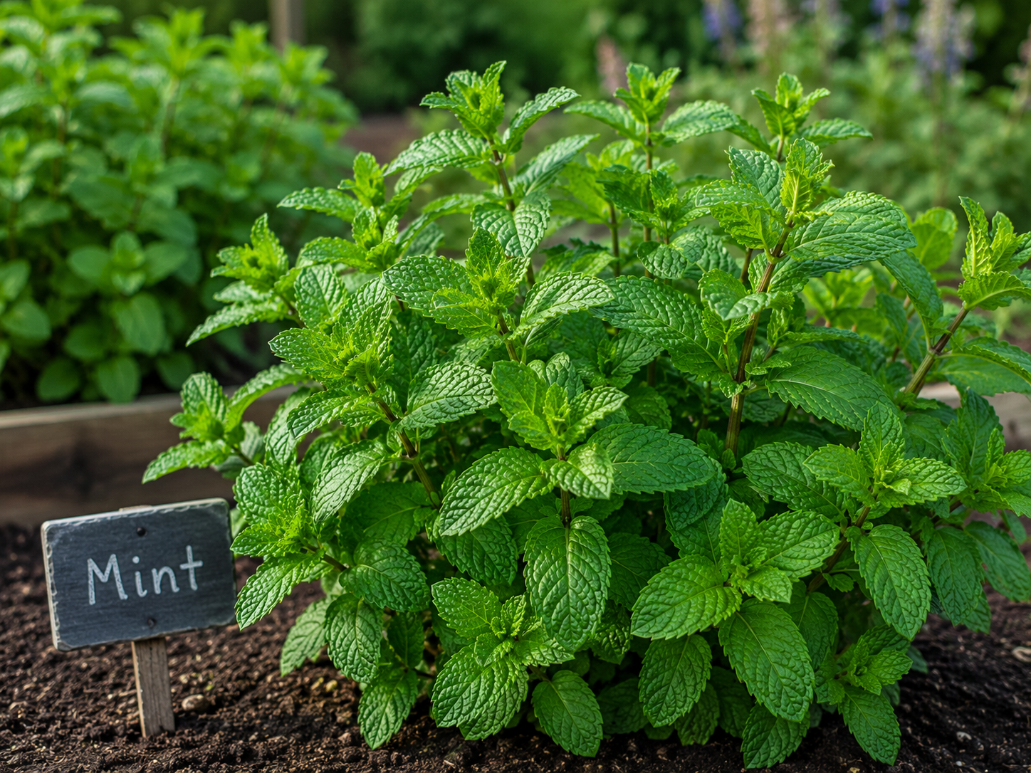 A fresh green mint plant growing in soil with a small black sign labeled 'Mint' in front of it.