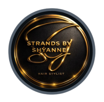 Logo for Strands by Shyanne Hair Stylist with gold text and design on a black background.