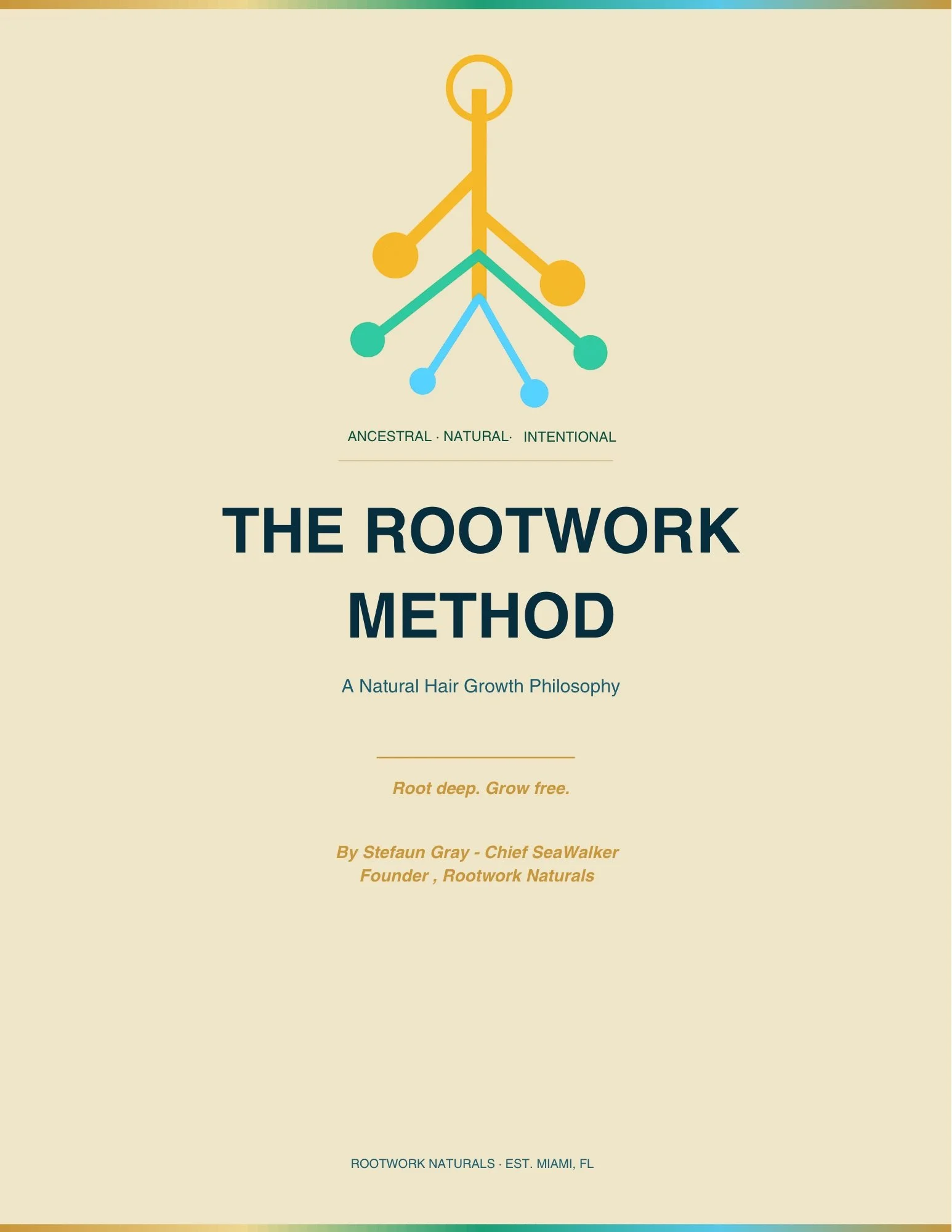 Cover page of a book titled "The Rootwork Method" featuring a stylized tree diagram with labeled branches, the subtitle "A Natural Hair Growth Philosophy," and the author's name Stefan Gray.