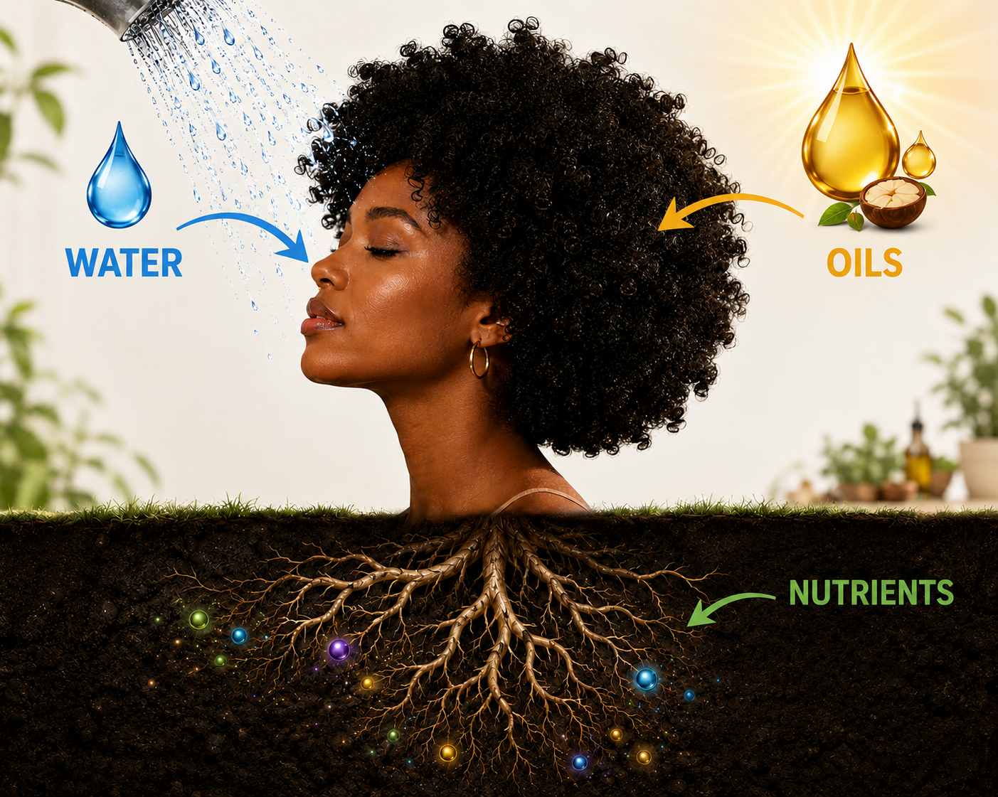 A woman with curly hair is shown with a diagram illustrating the benefits of water and oils for hair; water is shown falling on her hair from a showerhead, oils are depicted as drops with a nut, and nutrients are represented in the soil beneath her hair roots.