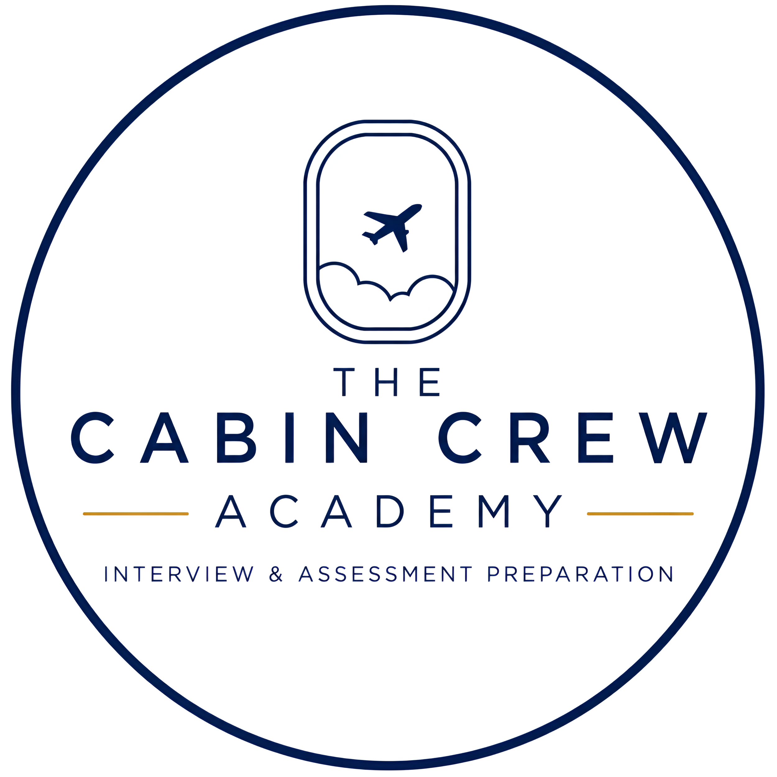 Logo of The Cabin Crew Academy featuring an airplane silhouette inside a door outline, surrounded by a circular border, with text indicating interview and assessment preparation.