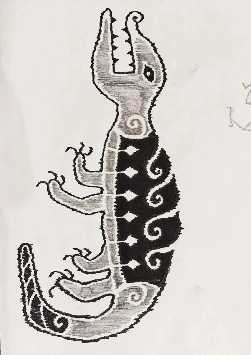 Black and white line drawing of a stylized alligator with decorative patterns on its body.