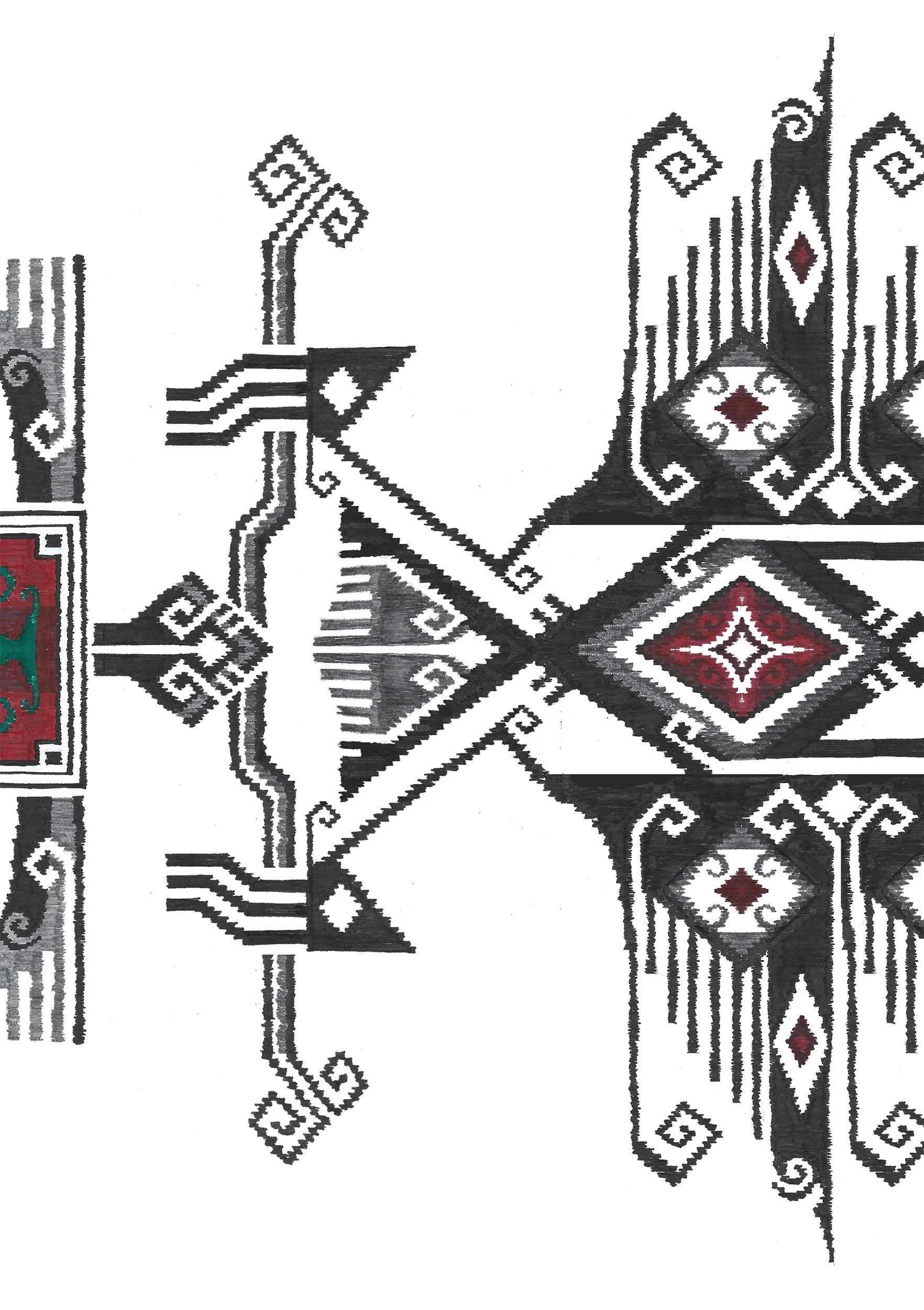 Geometric and floral motifs in black, red, and gray tattoo concept