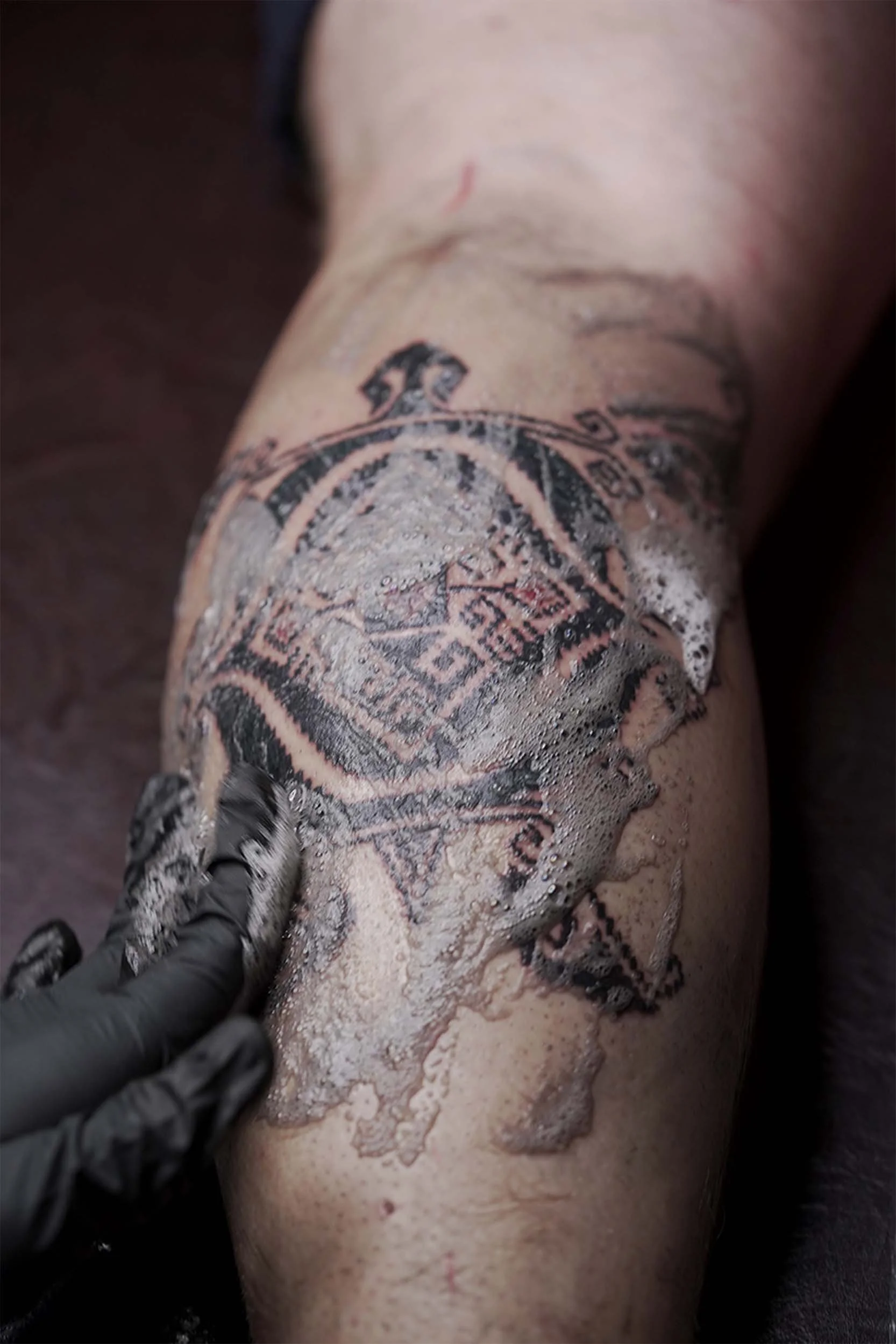 custom ornamental sea turtle tattoo on progress