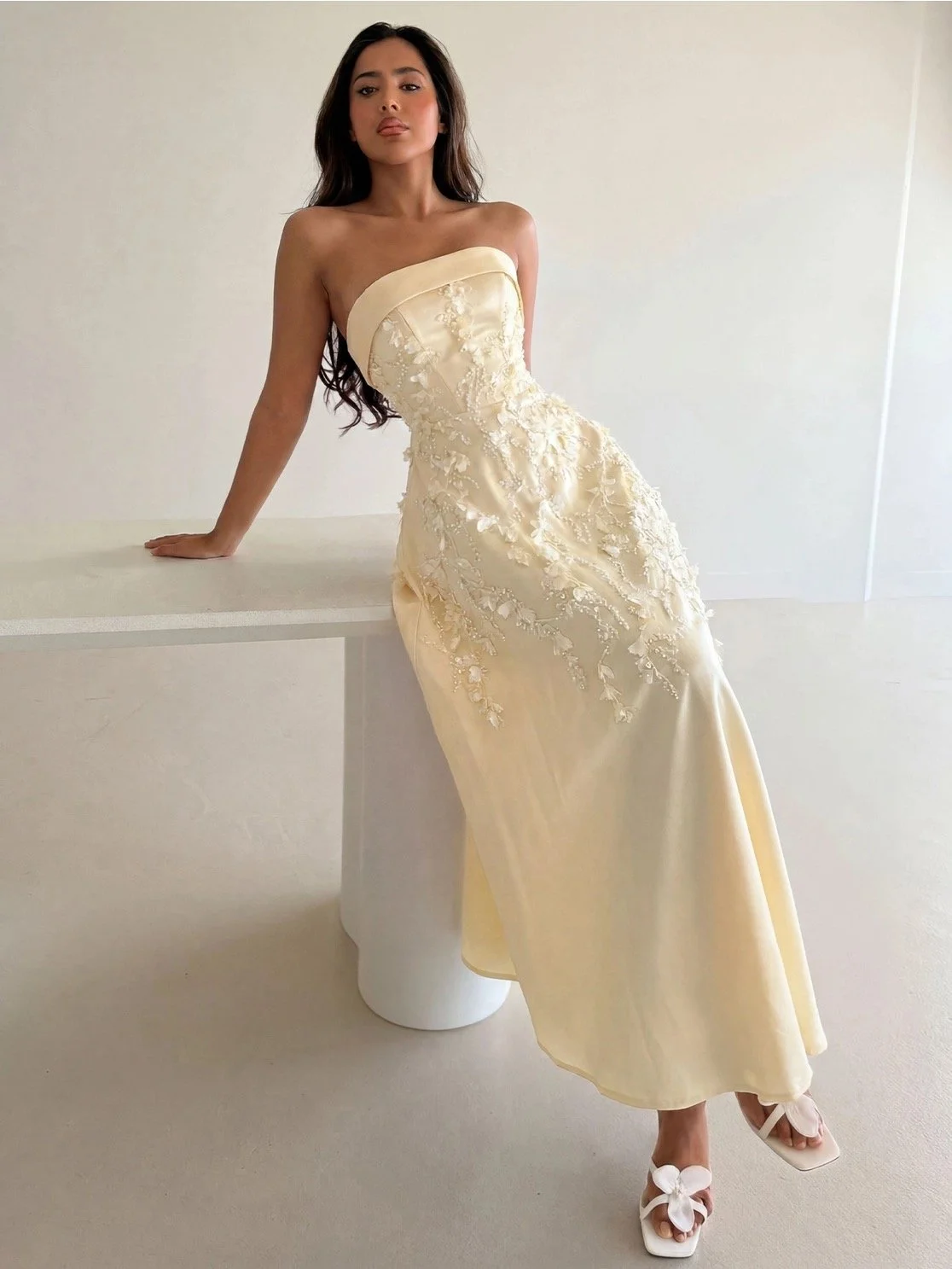 Strapless Formal Evening Dress with 3D Flowers
