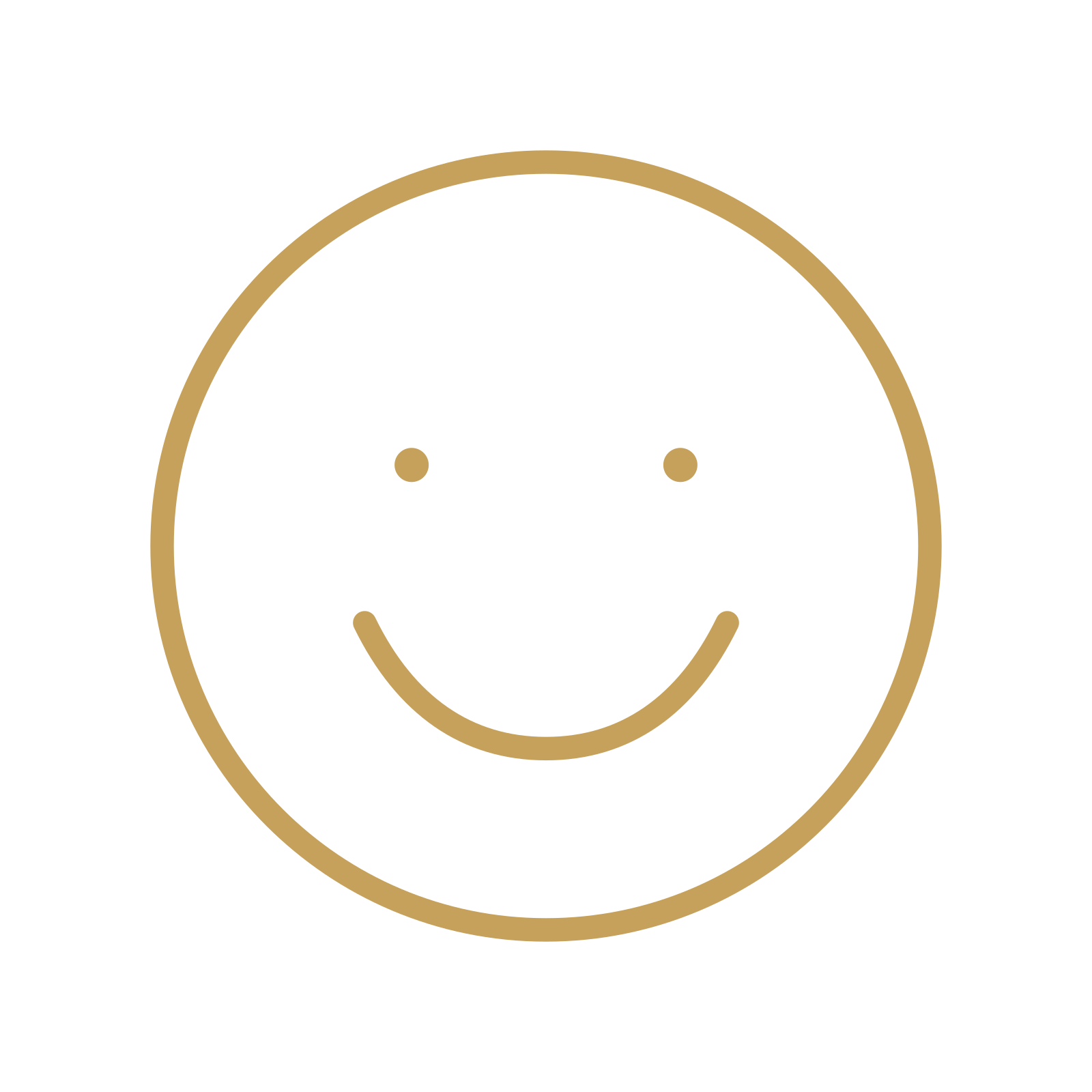 Ein schwarzer Hintergrund mit einer großen goldfarbenen, lächelnden Smiley-Grafik, die aus einer Linie und Punkten besteht.