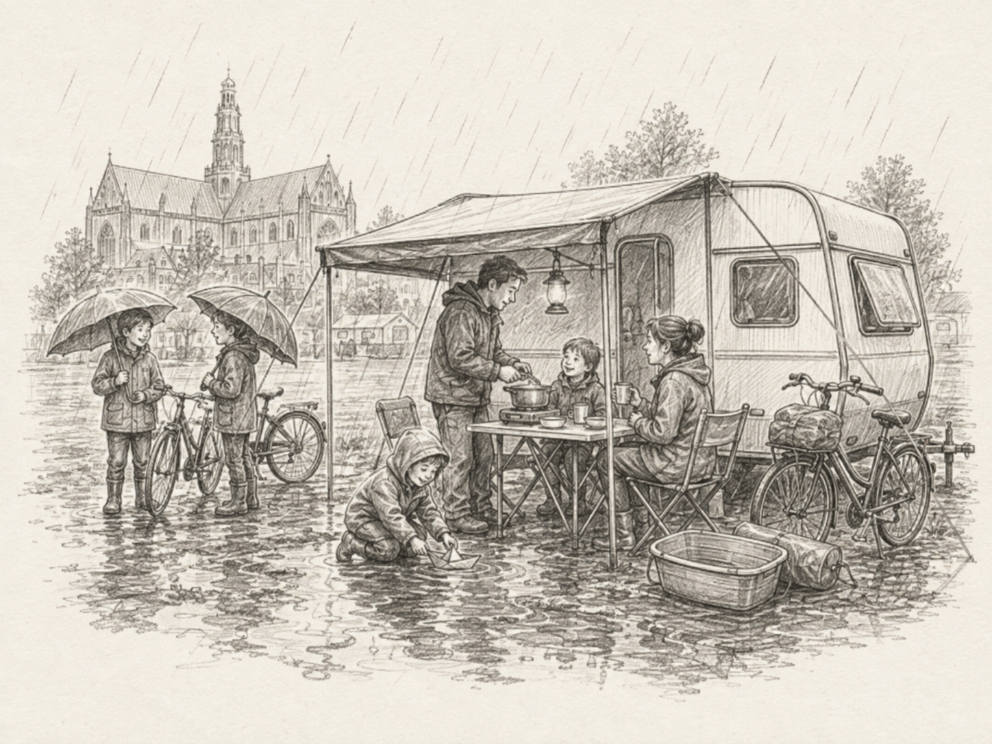 Sketch einer Familie beim Camping im Regen, mit Kindern, Fahrrad, Wohnwagen, im Hintergrund eine Kirche, einige Bäume, nasse Straße, Kinder mit Regenschirmen, eine Person kocht, andere sitzen und trinken, ein Kind spielt im Wasser.