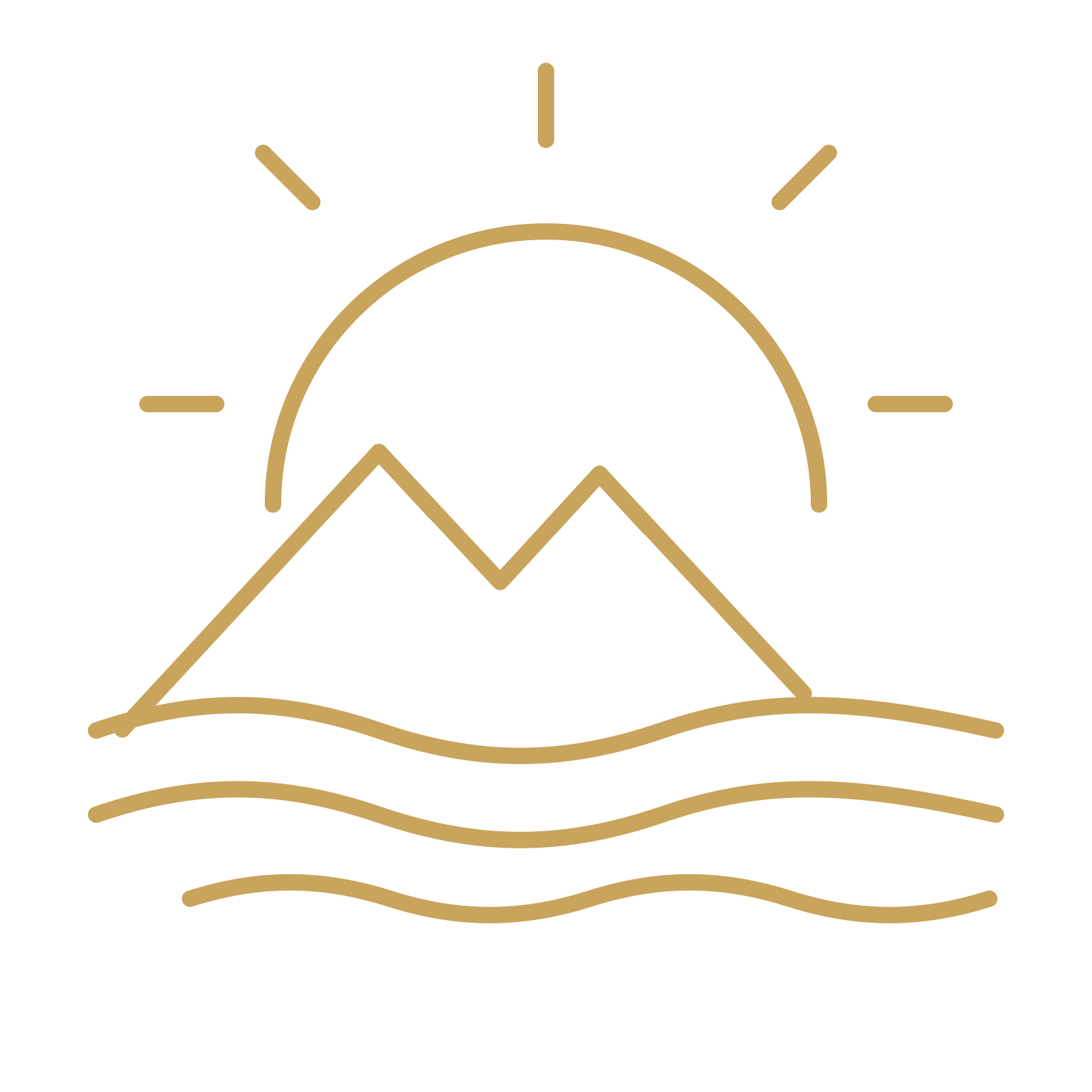 Eine einfache, stilisierte Illustration eines Berges mit einer aufgehenden Sonne im Hintergrund, Wasser und Wellen im Vordergrund.