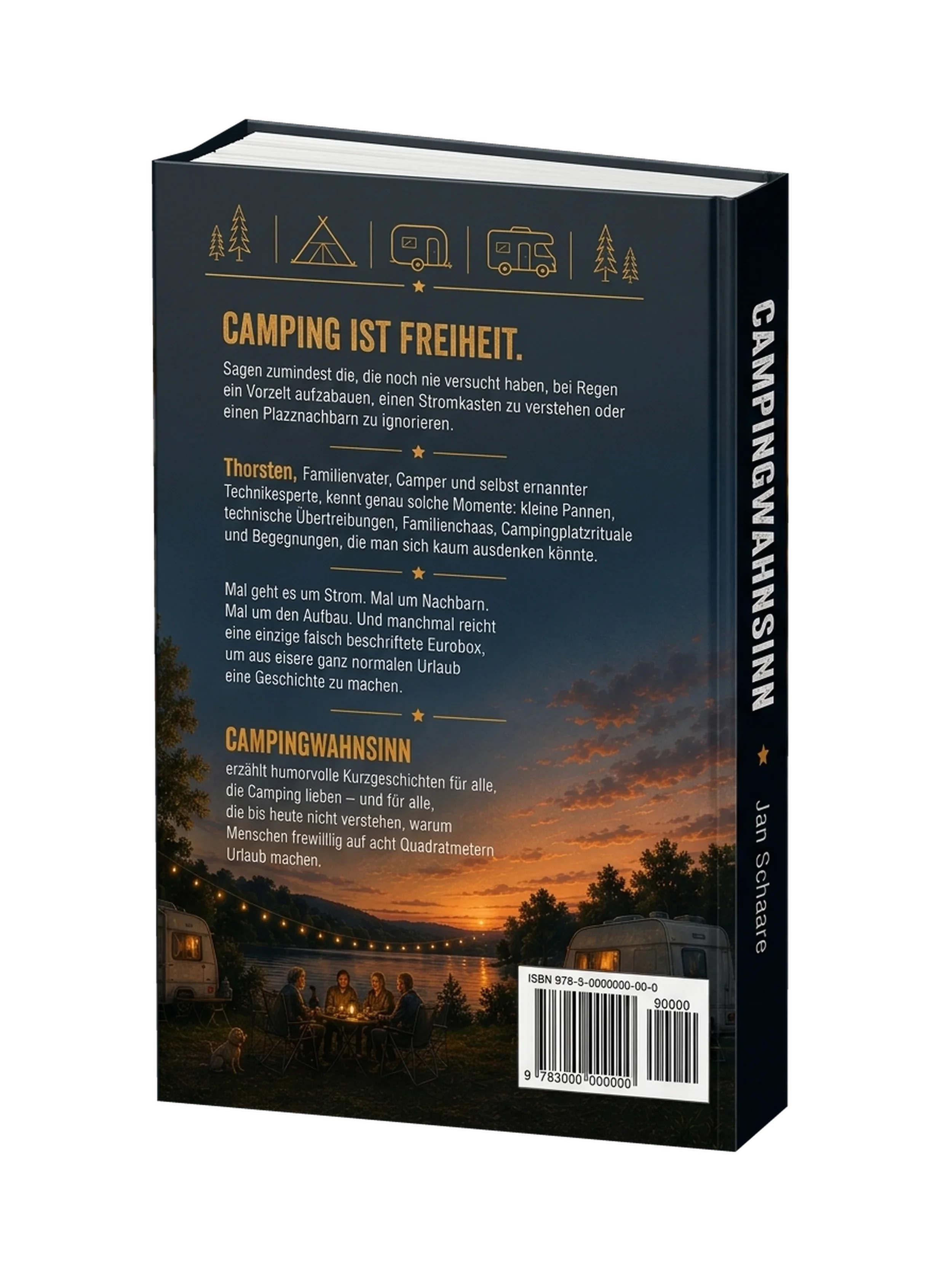Ein Buch mit dem Titel "Camping ist Freiheit" zeigt eine Szene bei Sonnenuntergang am Wasser, wo Menschen um einen Lagerfeuer sitzen, umgeben von Wohnwagen und Zelten, mit Bäumen im Hintergrund.