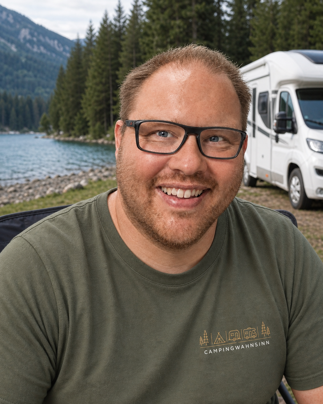 Ein lachender Mann mit Brille vor einem See und Bergen im Hintergrund, neben einem weißen Wohnmobil, trägt ein olivgrünes T-Shirt mit einem Camping-Logo.