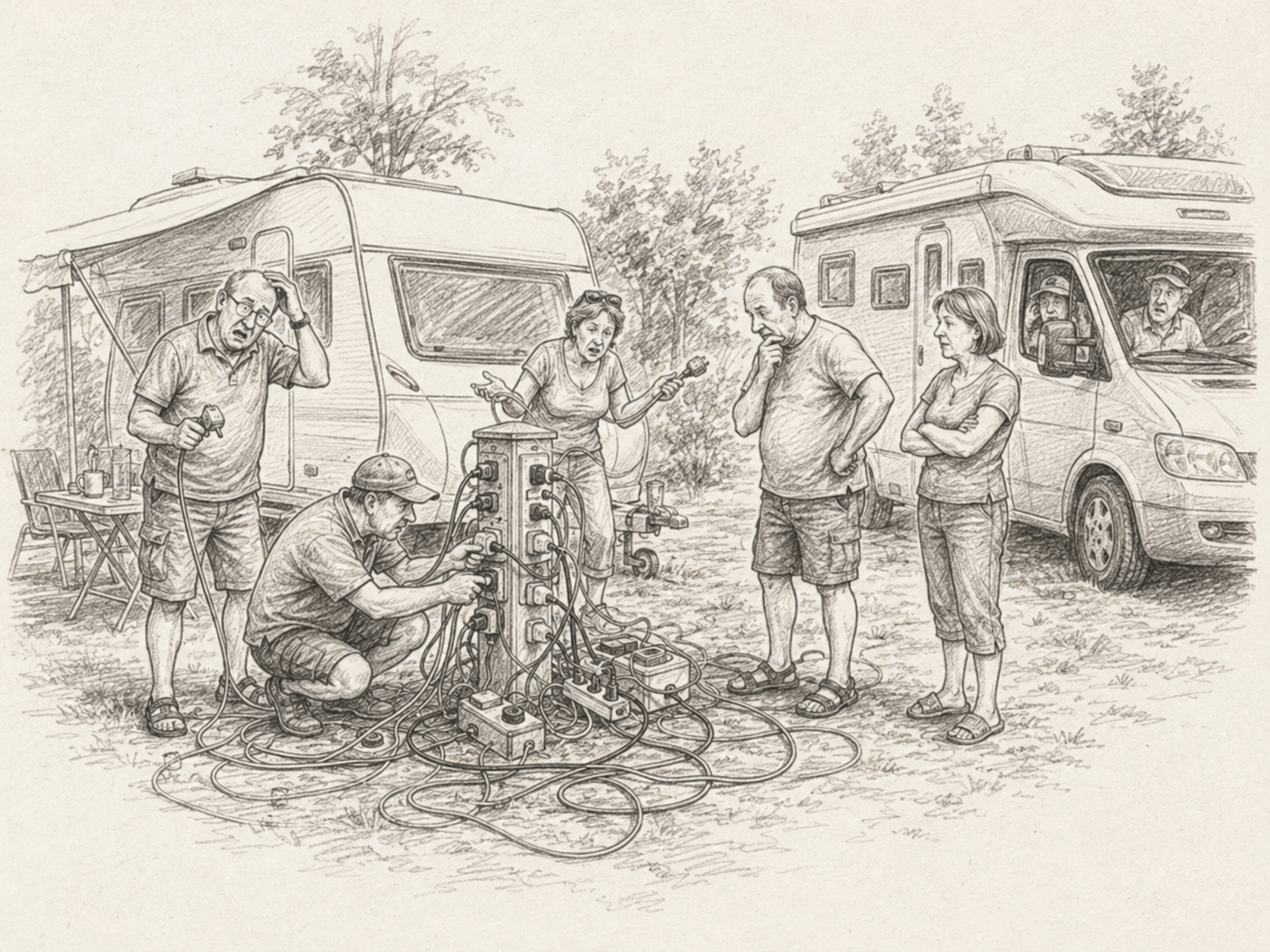 Sketch eines Camps mit fünf Erwachsenen und zwei Wohnmobilen, die an einem technischen Gerät arbeiten, während andere Personen zuschauen.