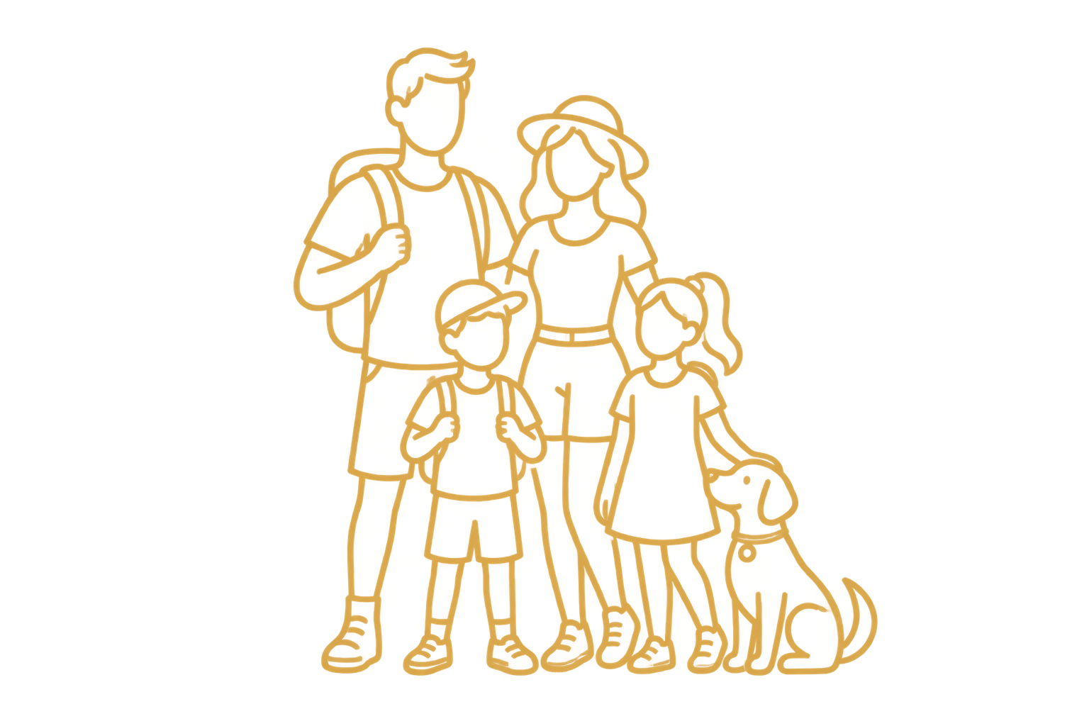 Skizze einer Familie mit Eltern und drei Kindern, gehalten in einer goldfarbenen Neonlinie auf schwarzem Hintergrund.