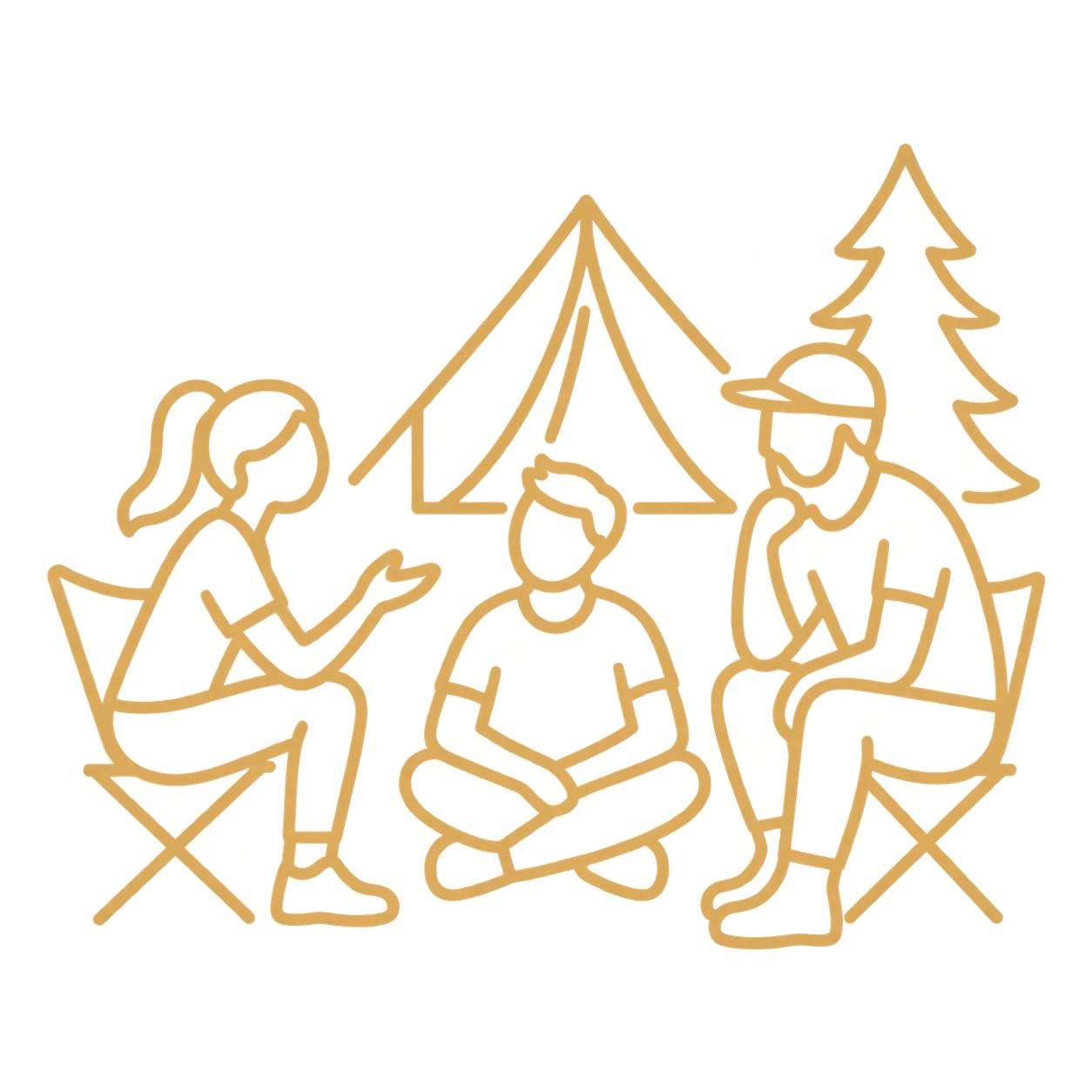 Sternenförmige Neon-Dekoration mit drei sitzenden Personen in einem Wald mit Zelten und Tannenbäumen.