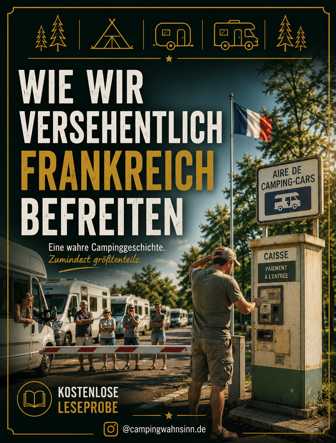 Menschen vor einem Campingplatz in Frankreich, einige warten am Ticketschalter, im Hintergrund Wohnmobile, eine französische Flagge weht im Wind, das Schild an der Schranke zeigt, dass es sich um einen Campingplatz handelt.