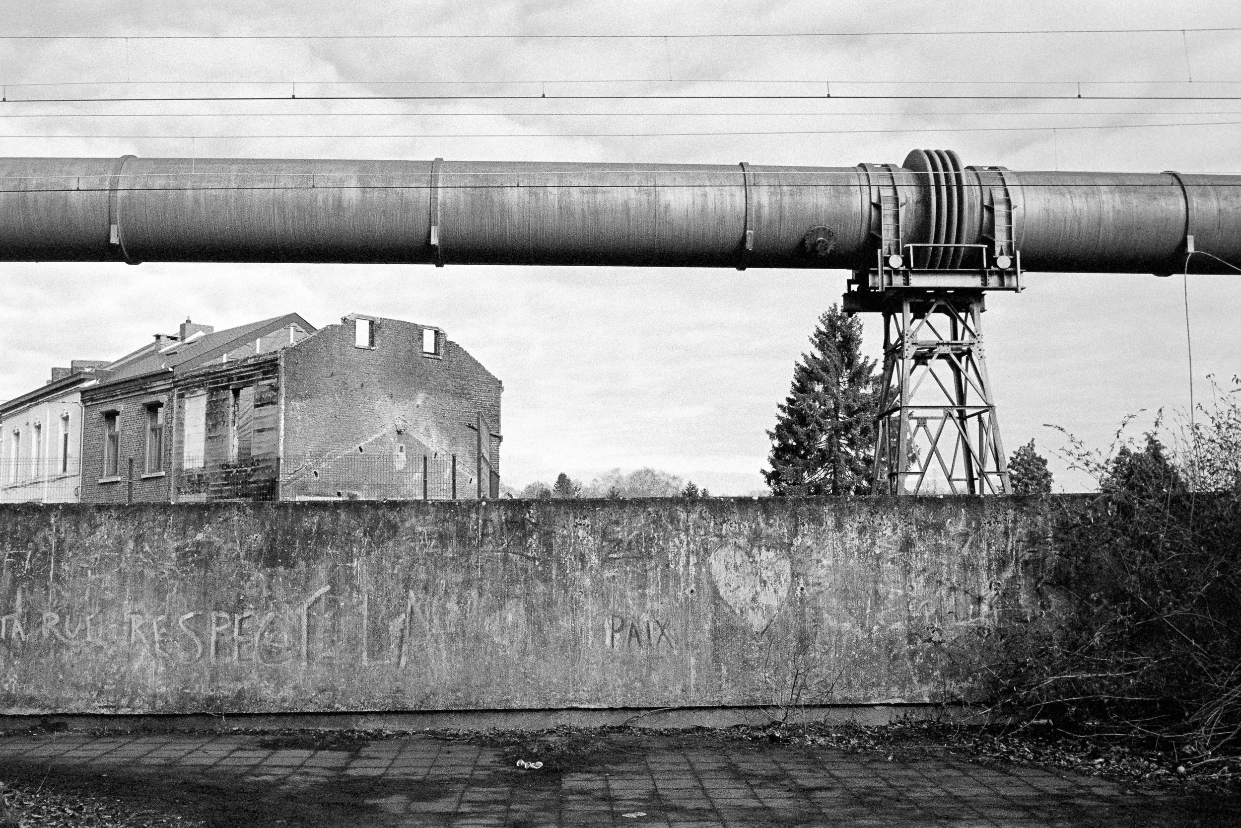 Black and white photo of a large pipeline elevated on a metal stand above residential buildings and trees, with a cloudy sky in the background.