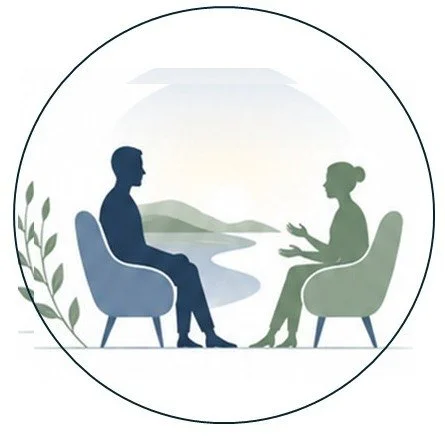 A silhouette of a man and a woman sitting and talking across from each other outdoors by a lake with mountains in the background.