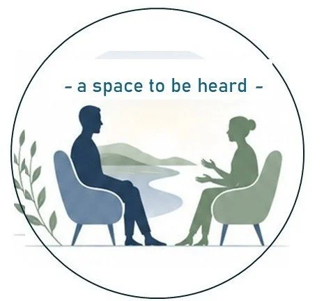 Illustration of two people sitting and talking, with the text '- a space to be heard -' above them.
