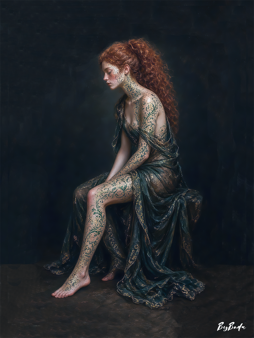 Le Silence des arabesques

Le regard baissé, une présence se recueille dans la pénombre. Des arabesques vertes et dorées parcourent la peau, tandis qu’un drapé sombre accompagne la pose et se déploie jusqu’au sol. La chevelure rousse apporte une chal