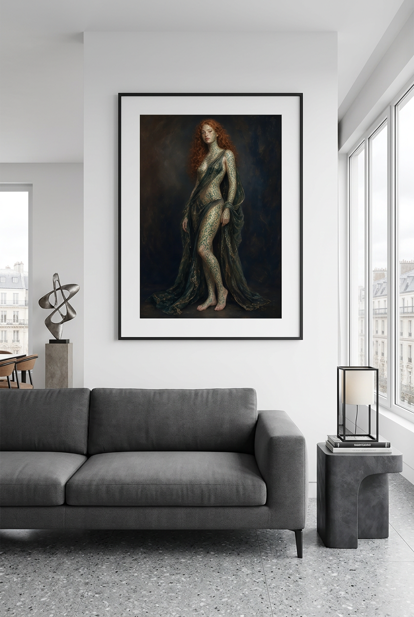 L’Étreinte du lierre — mise en situation dans un salon contemporain, avec cadre noir fin et passe-partout blanc. Encadrement présenté à titre illustratif.