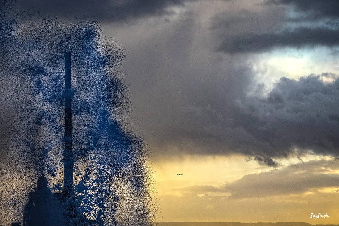 Phare + vague en gouttelettes dorées — magnifique !
`Les gouttelettes d'une vague suspendue dans l'air. Le phare derrière. L'or du soir partout.`