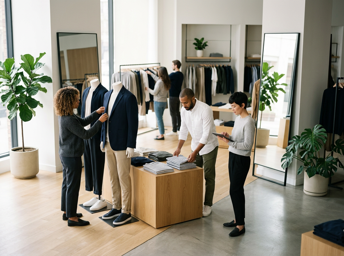 People shopping for clothing inside a modern store with mannequins, racks of clothes, and large mirrors.