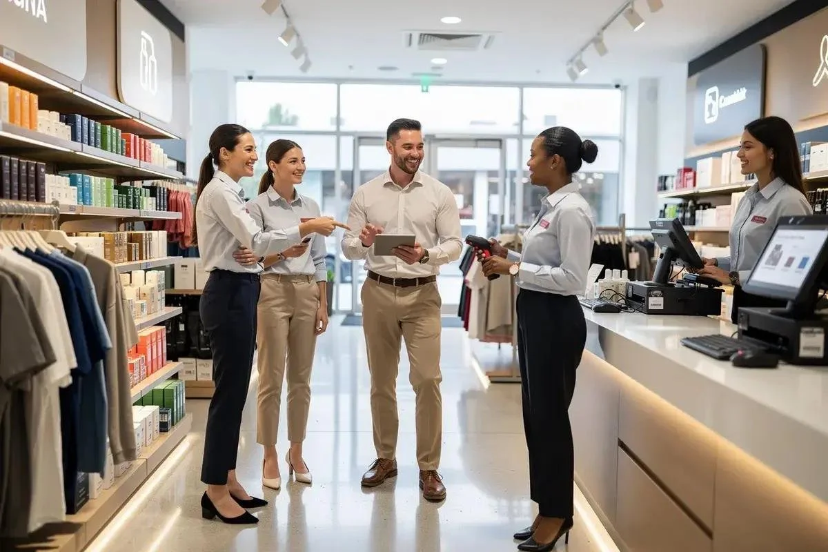 Group of employees working at the checkout counter in a retail store. Two women cashier with a scanner and card reader, smiling and service customers, while three customers on the other side chat and smile.