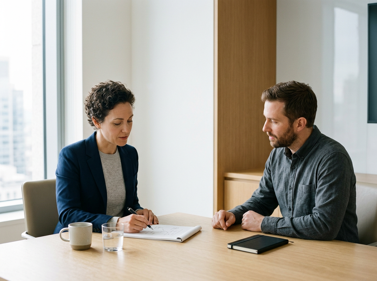 Two professionals, a woman and a man, sitting at a conference table, discussing and reviewing documents in a modern office.