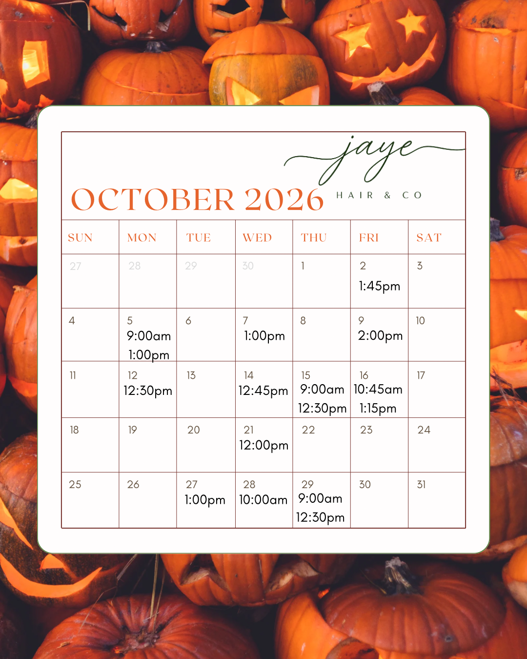 October 2026 calendar overlayed on a background of carved and decorated pumpkins for Halloween