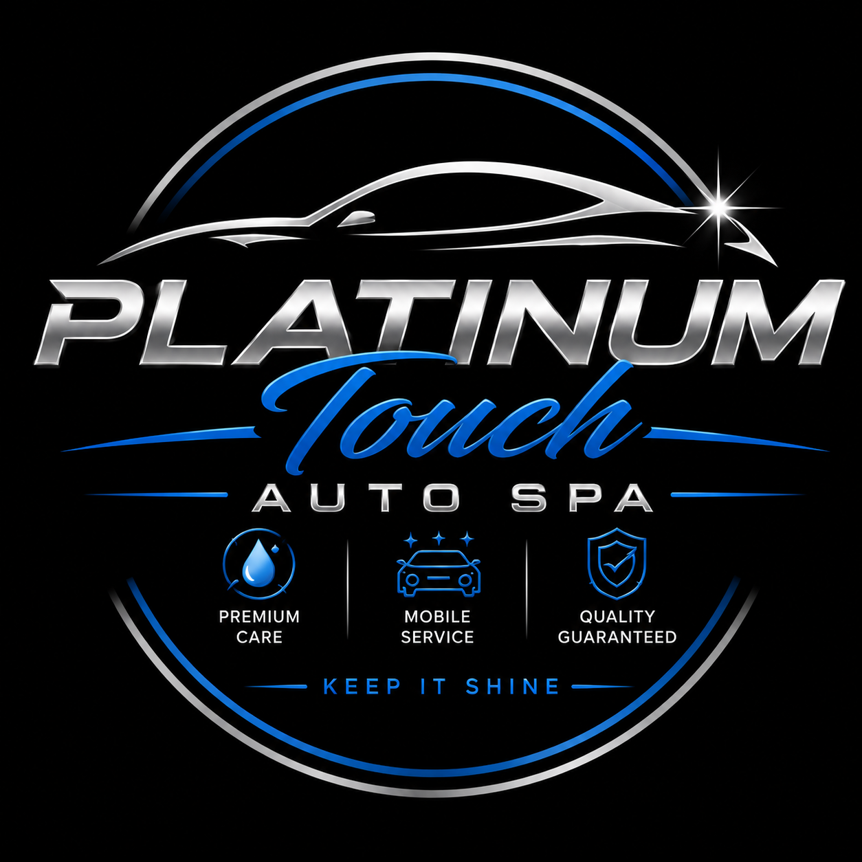 Logo for Platinum Touch Auto Spa featuring a sleek car outline, with text highlighting premium care, mobile service, and quality guaranteed, all on a black background.