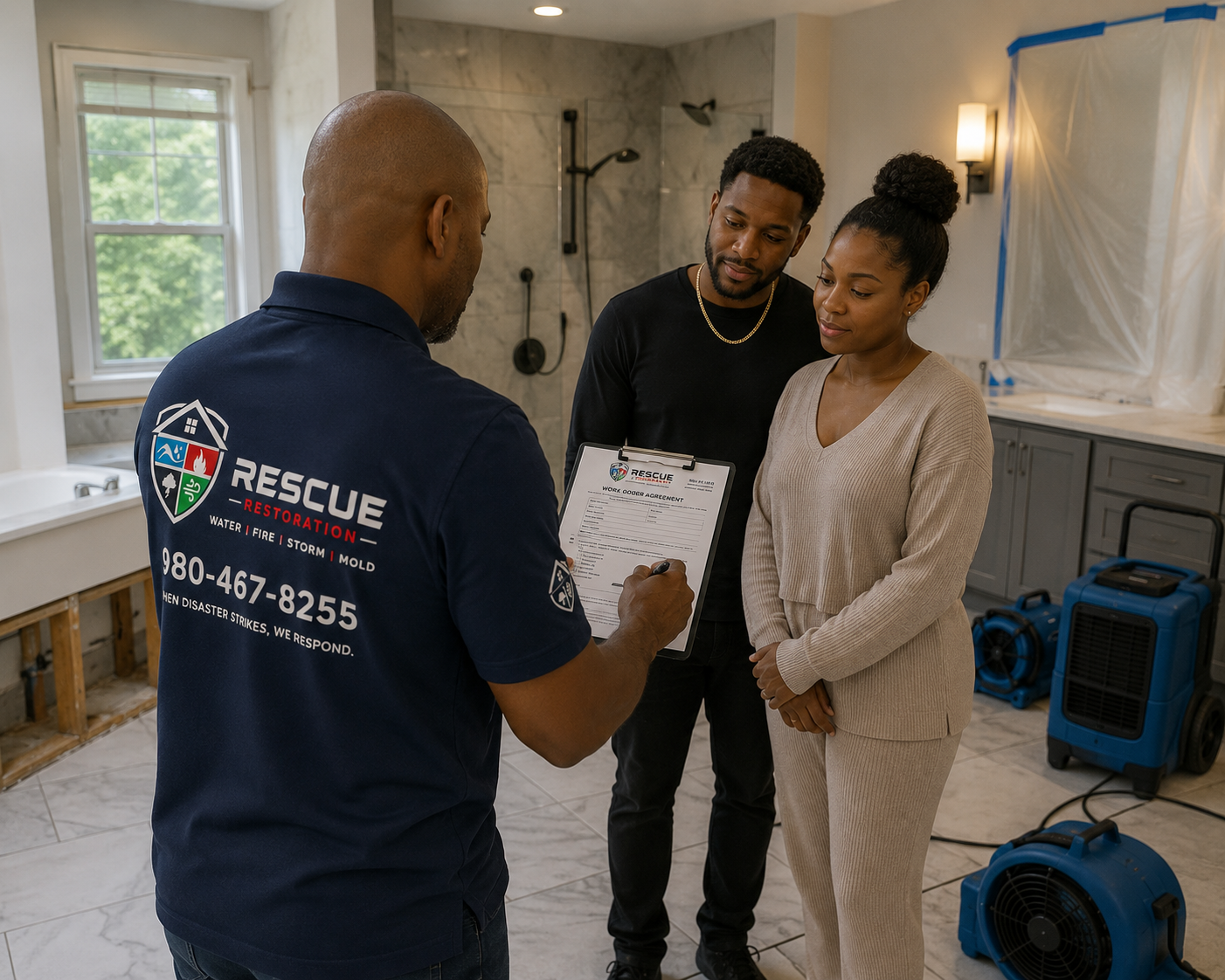 A rescue restoration worker with a clipboard talking to a couple inside a home renovation site, with tools and equipment visible in the background.
