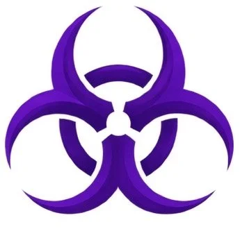 A purple biohazard symbol with a white background.