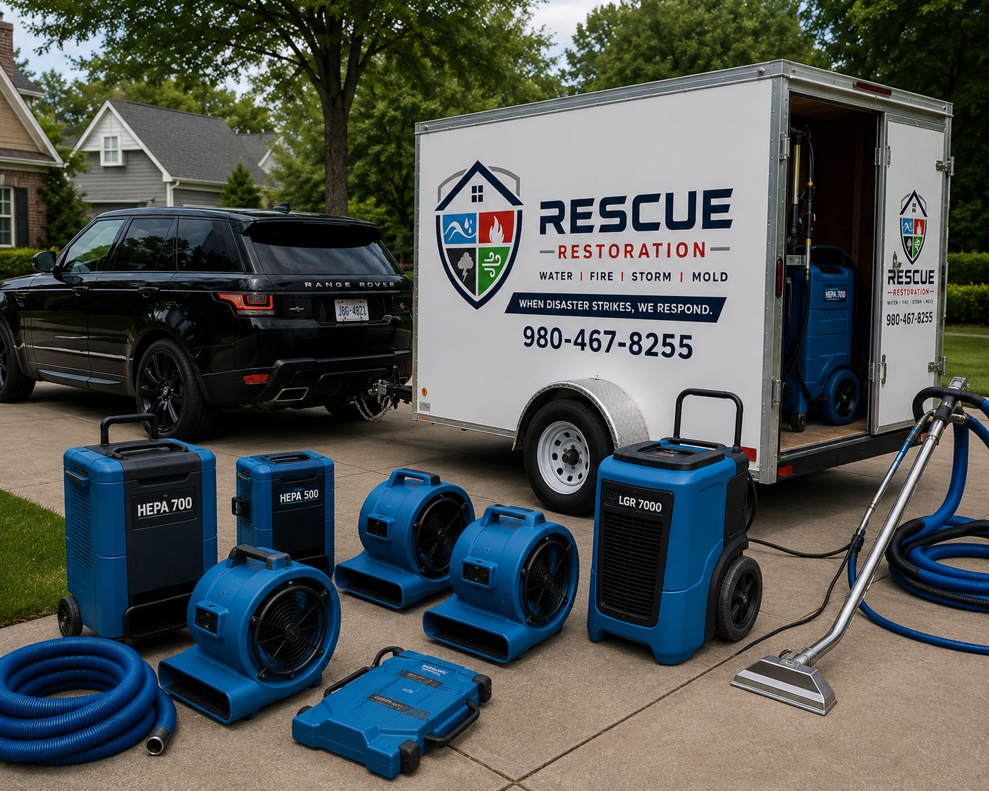 A black Range Rover connected to a white rescue restoration trailer with water, fire, storm, and mold cleanup equipment. Several blue industrial air movers, dehumidifiers, and hoses are arranged in front of the trailer on a driveway in a suburban neighborhood.