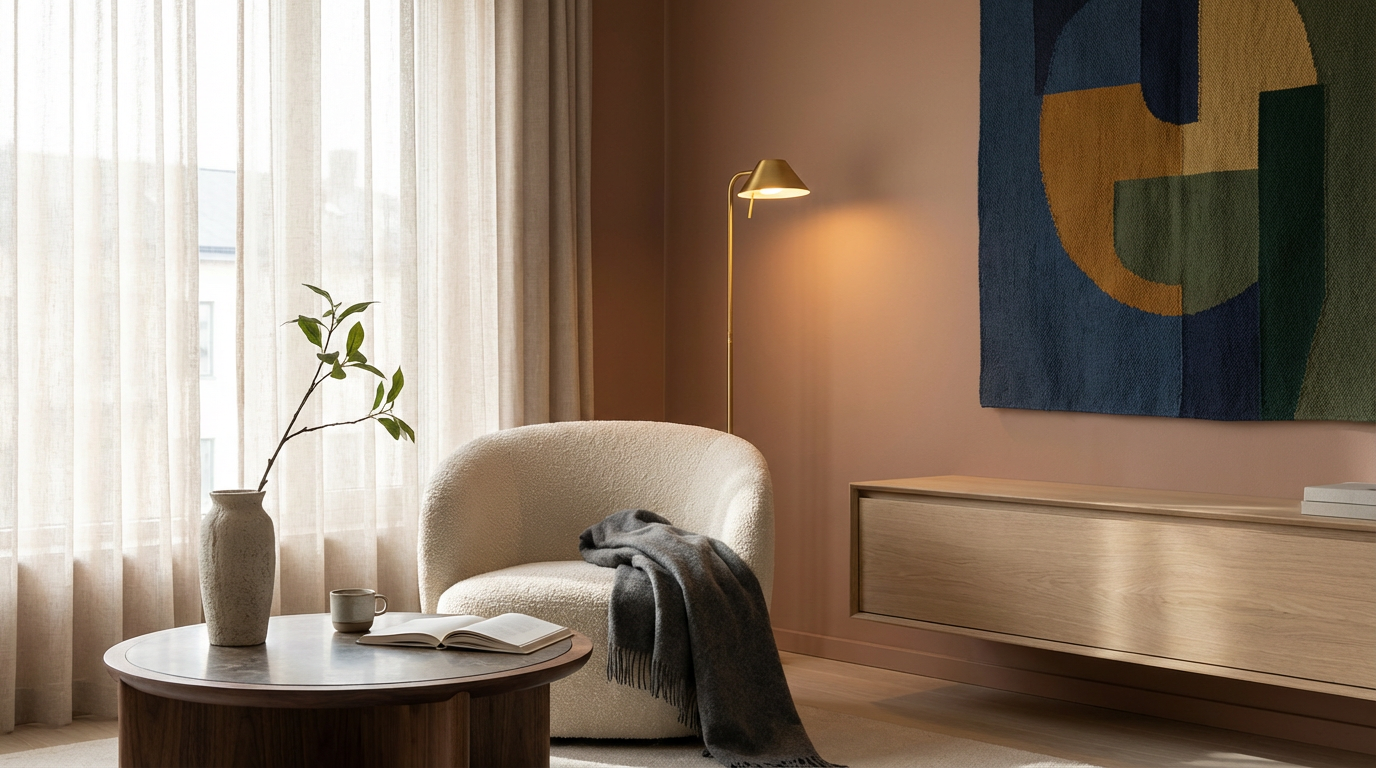 Cozy living room corner with beige armchair, round wooden coffee table with a vase, open book, and mug, soft beige curtains, warm floor lamp lighting, colorful abstract wall art, and a wall-mounted wooden cabinet.