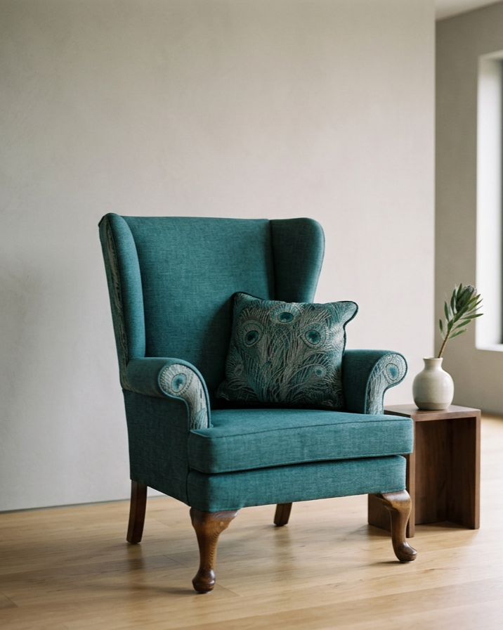 A teal upholstered wingback armchair with a decorative peacock feather pillow, next to a small wooden side table with a white vase and green plant, in a bright room with a hardwood floor.