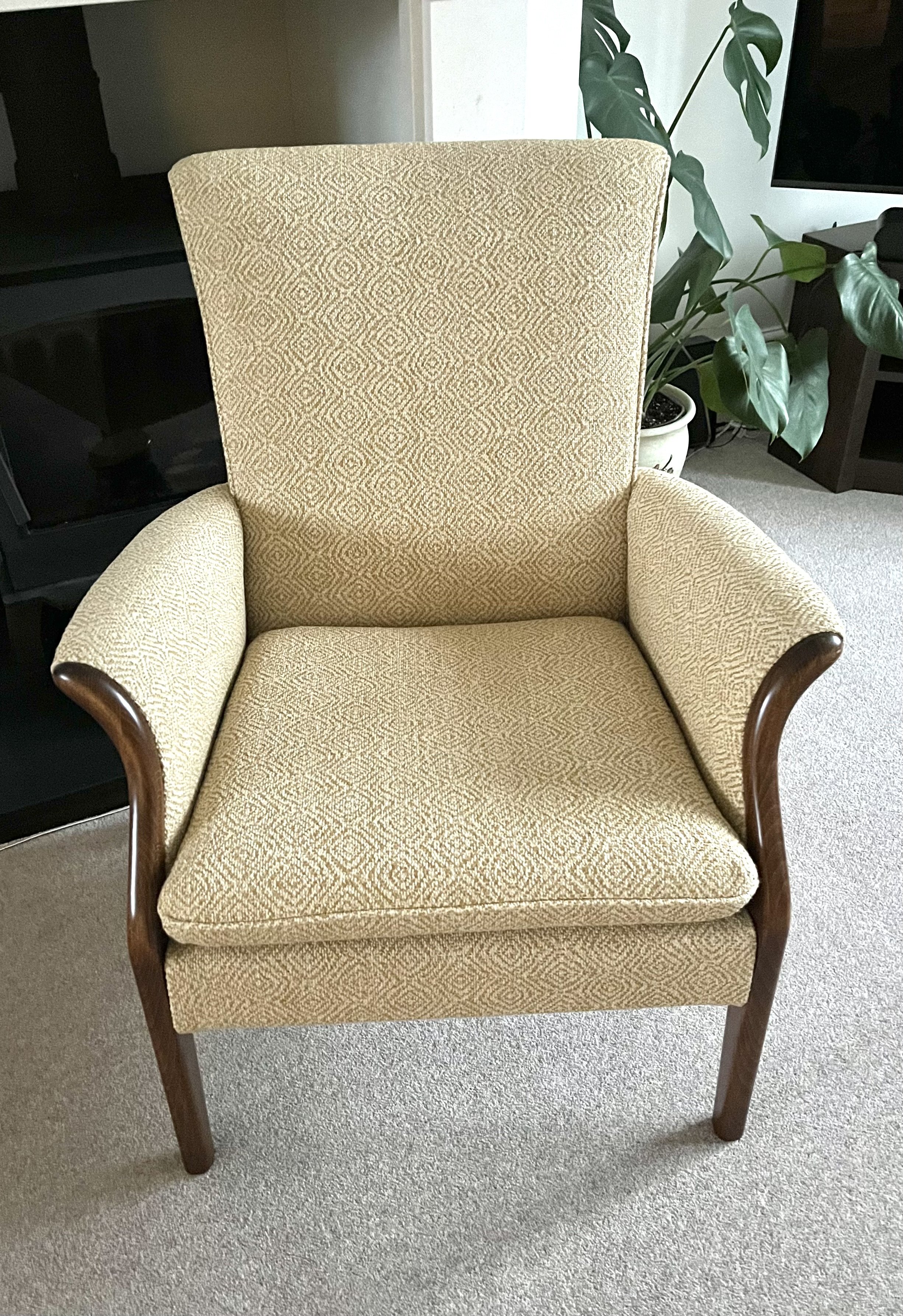 A beige armchair with wooden arms and legs, placed on a light-colored carpet. Behind it, there are potted plants and a black electronic device.