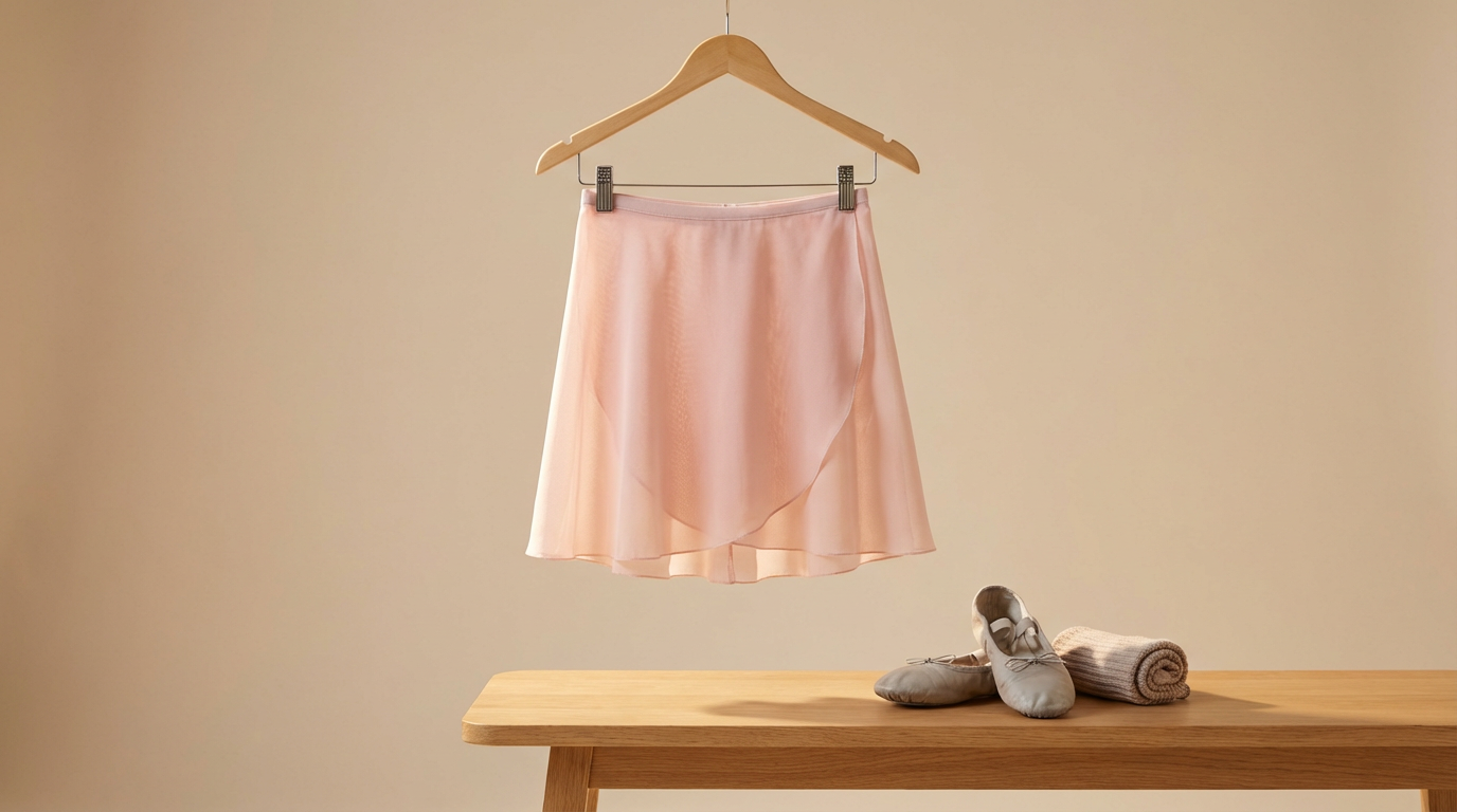 A pink ballet skirt hanging on a wooden hanger, with ballet slippers and a towel resting on a wooden table beneath.