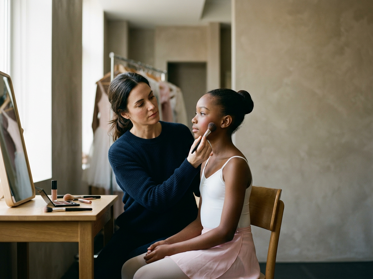 Makeup artist applying makeup to a young girl seated in a dressing room with a mirror and clothing in the background.