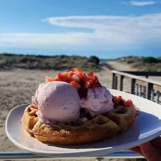 A waffle topped with strawberries and two scoops of pink ice cream, held on a white plate outdoors on a beach walkway with a sandy beach, bushes, and blue sky in the background.