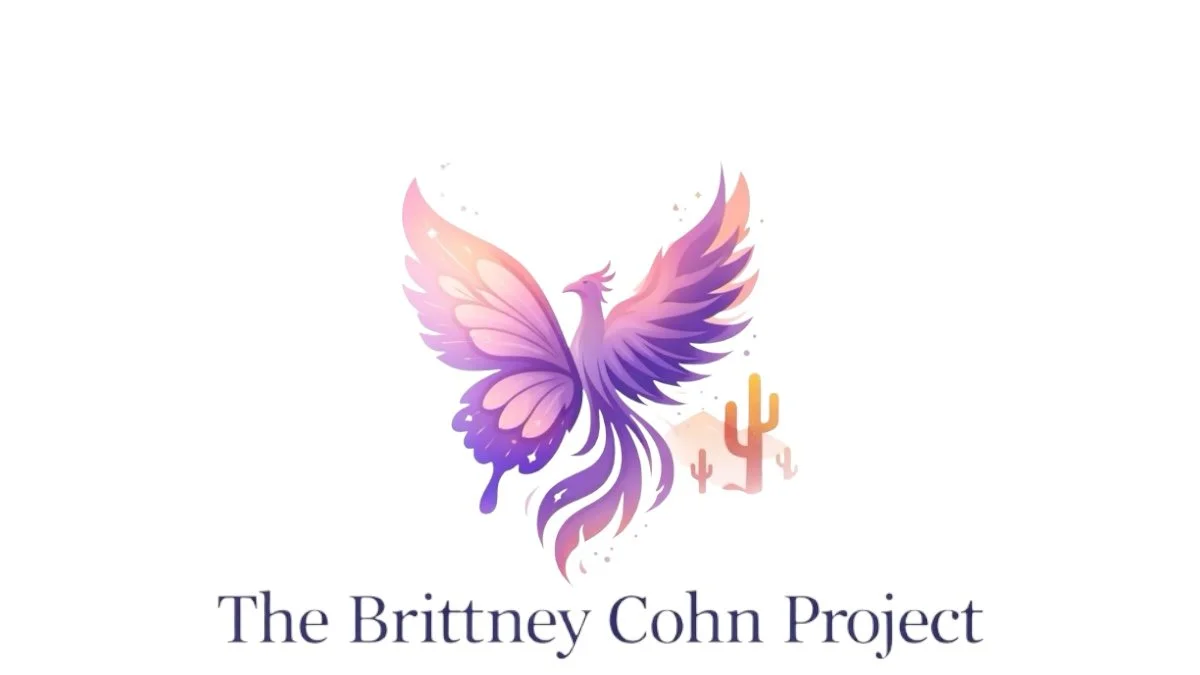 A colorful illustration of a phoenix with pink and purple wings, accompanied by desert cacti, and titled "The Brittany Cohn Project."