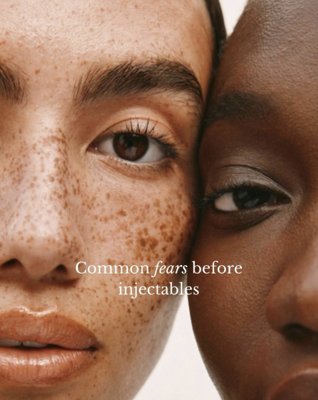 Close-up of two faces, one with freckles and the other with darker skin, touching at the cheek. Overlaid text reads 'Common fears before injectables.'