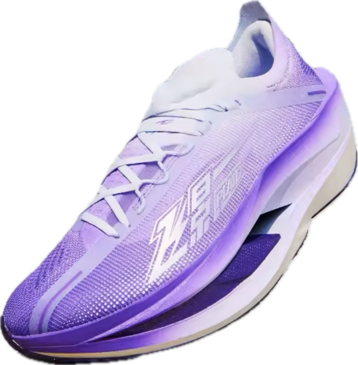 Purple and white Nike running shoe with streamlined design and branding.