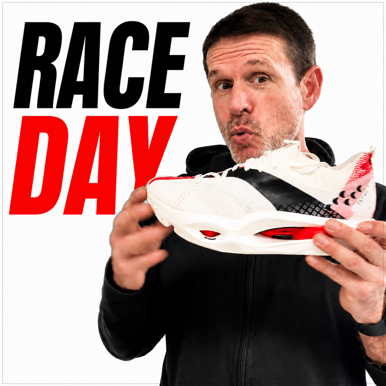 A man holding a white and red running shoe with the text 'Race Day' in black and red letters behind him.