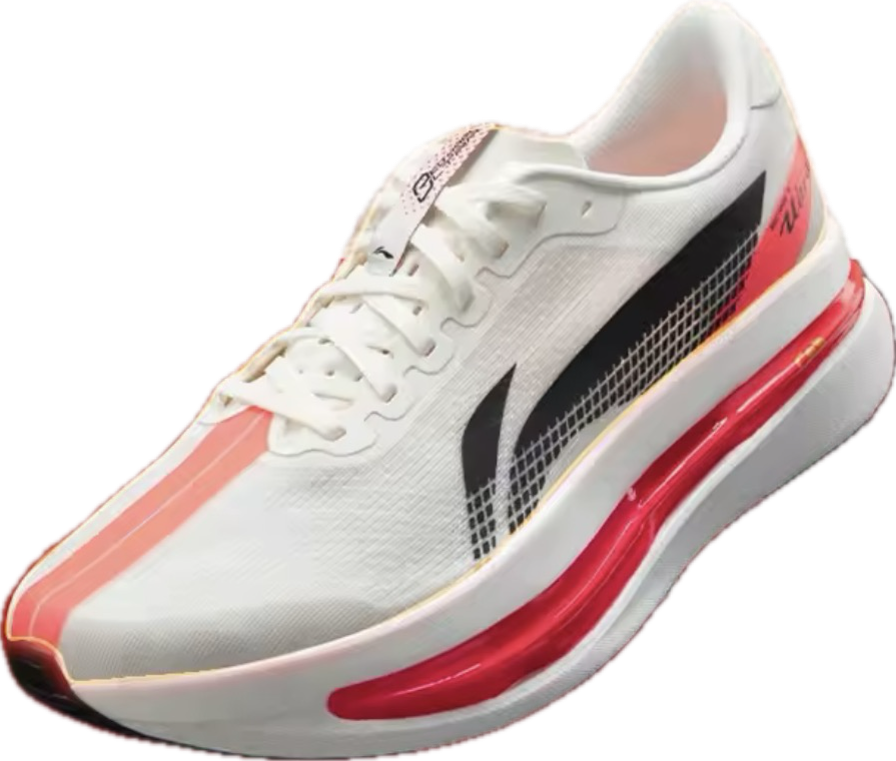 White Nike running shoe with pink and black accents, featuring a visible air cushion in the sole.