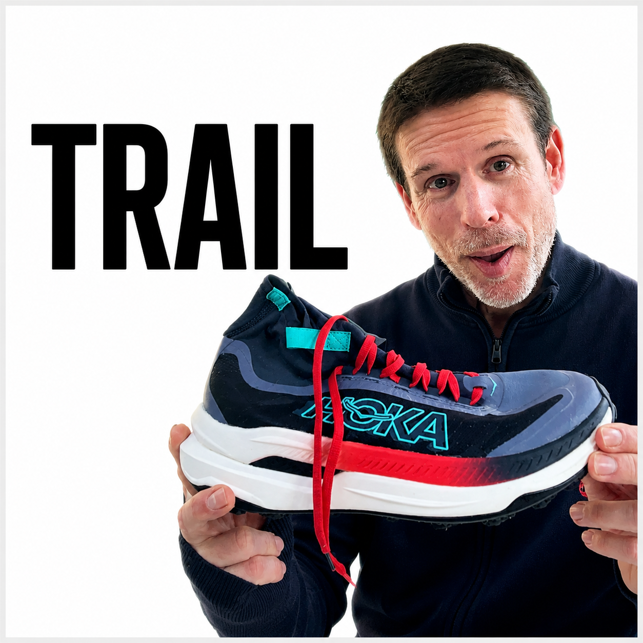 A man holding a running shoe with the word "TRAIL" written beside him.