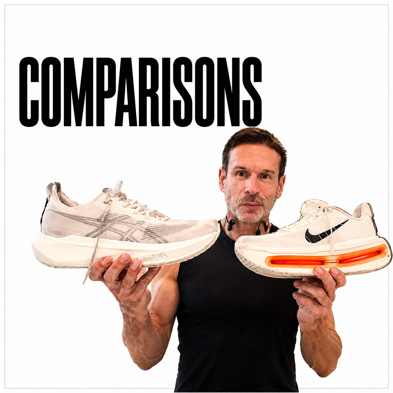 Man holding two running shoes with the word 'Comparisons' in large black letters above.