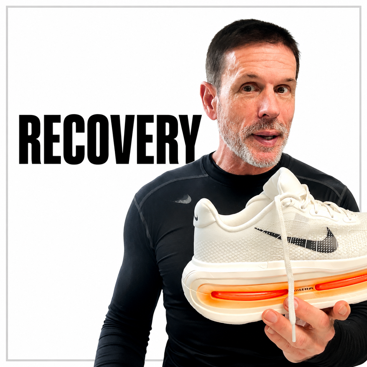 A man holding a white Nike running shoe with an orange air cushion, standing beside large black text that reads 'RECOVERY' on a white background.