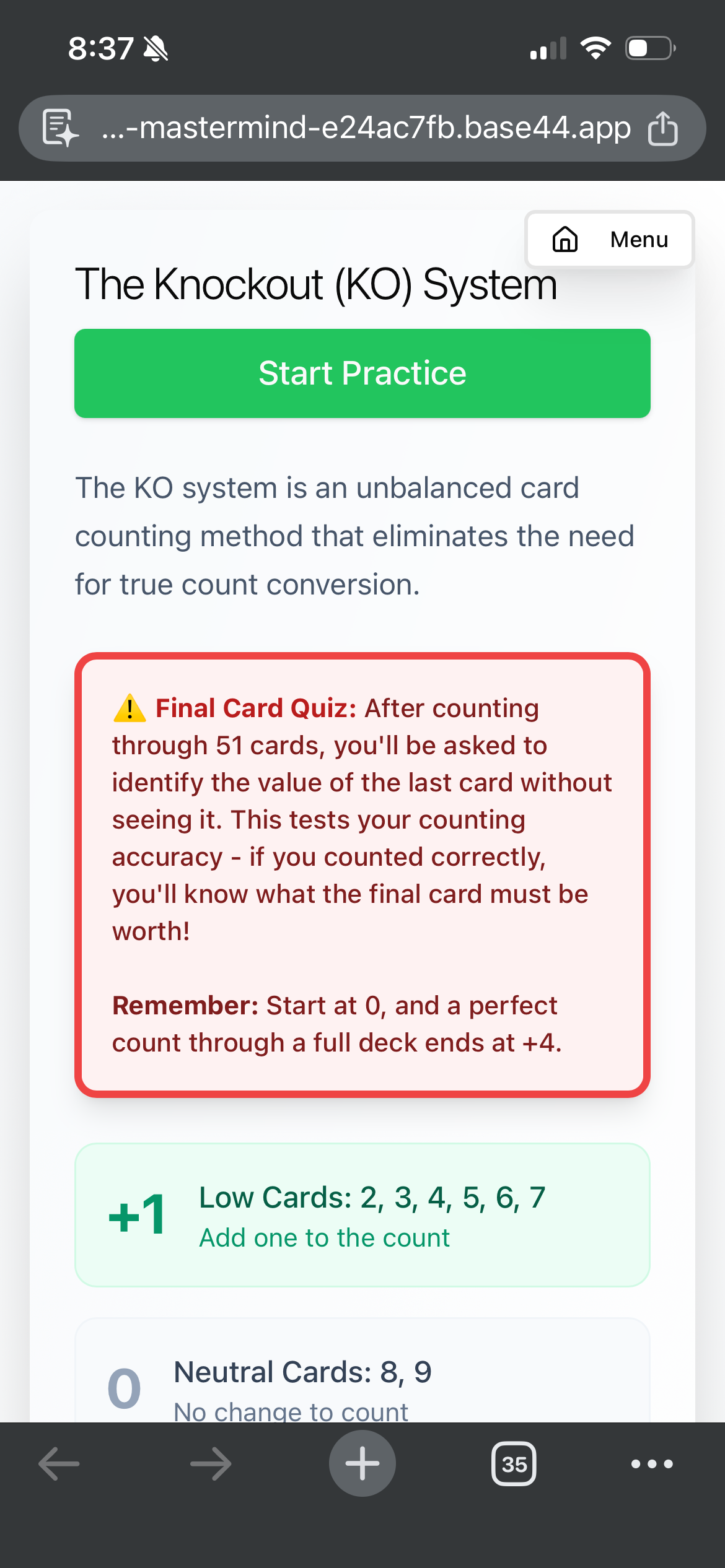 Mobile phone screen showing a webpage about The Knockout (KO) System, a card counting method. The webpage features a green 'Start Practice' button, a red box with instructions about a final card quiz, and sections for counting low and neutral cards.