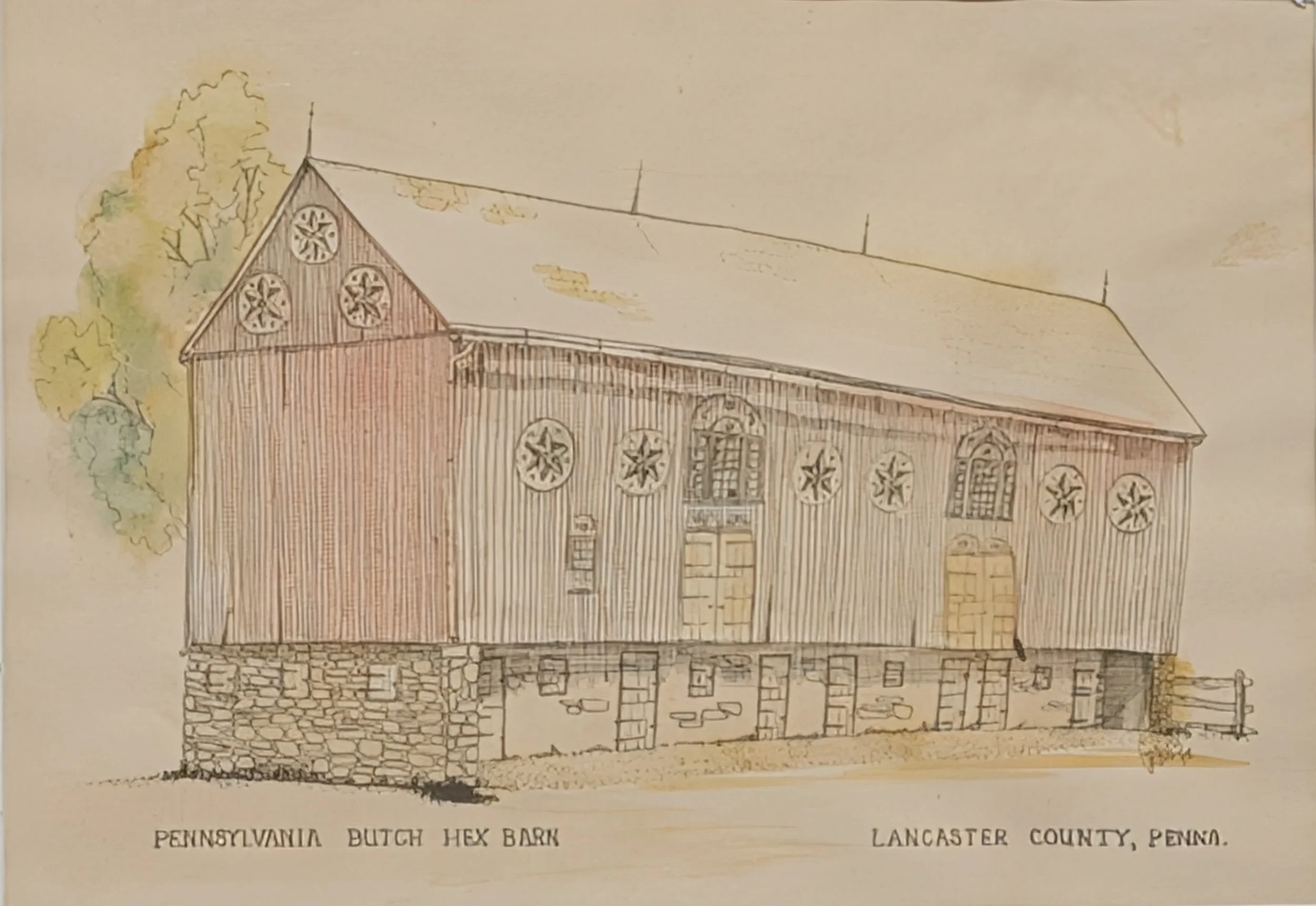 Early drawing of a Pennsylvania barn in Amish country