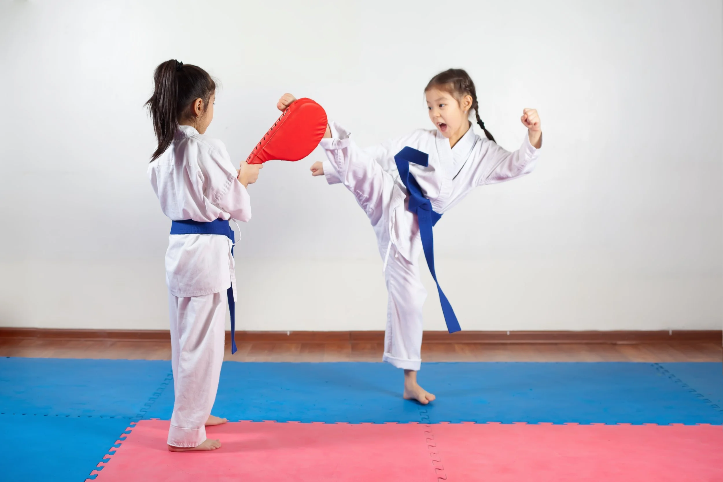 Two young girls practicing martial arts in a dojo, one holding a red padded shield and the other executing a high kick, both wearing traditional white gis with blue belts, on a blue and red padded floor.